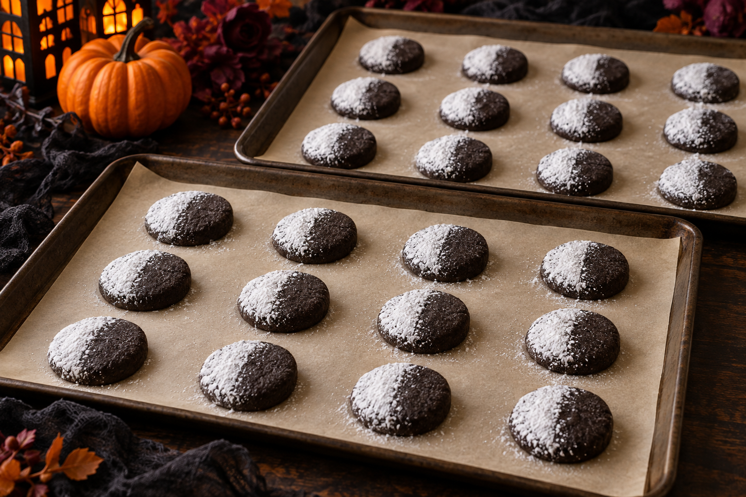Halloween moon crinkle cookies shaped before baking