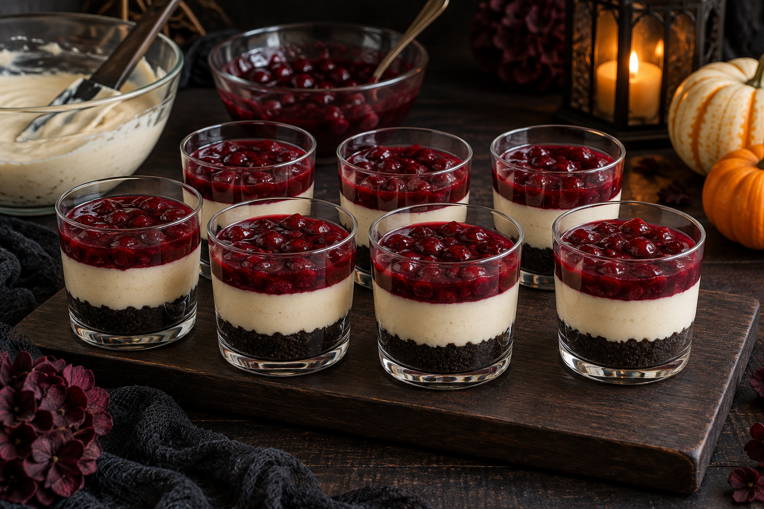 Halloween Black Forest cheesecake jars halfway through assembly