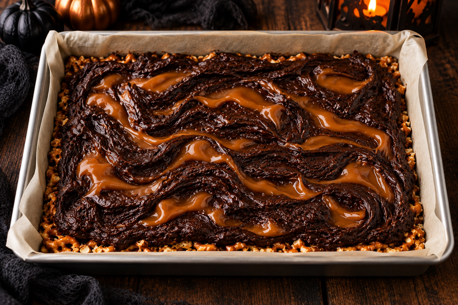 Halloween salted caramel pretzel brownies before baking
