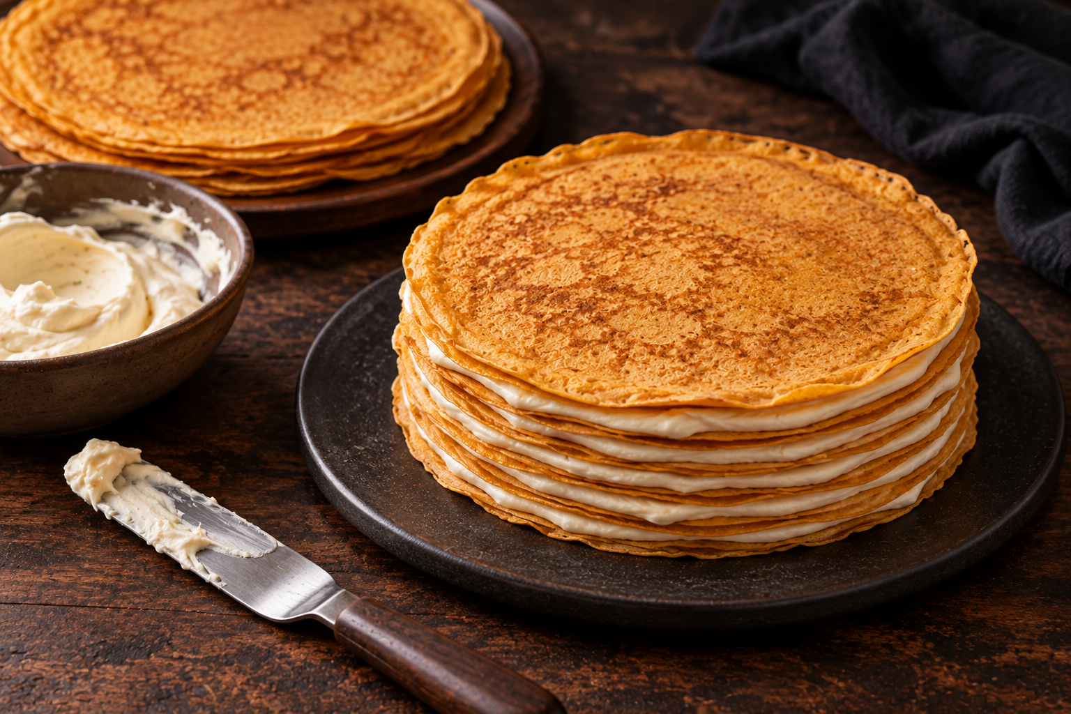 Halloween pumpkin crepe cake halfway assembled