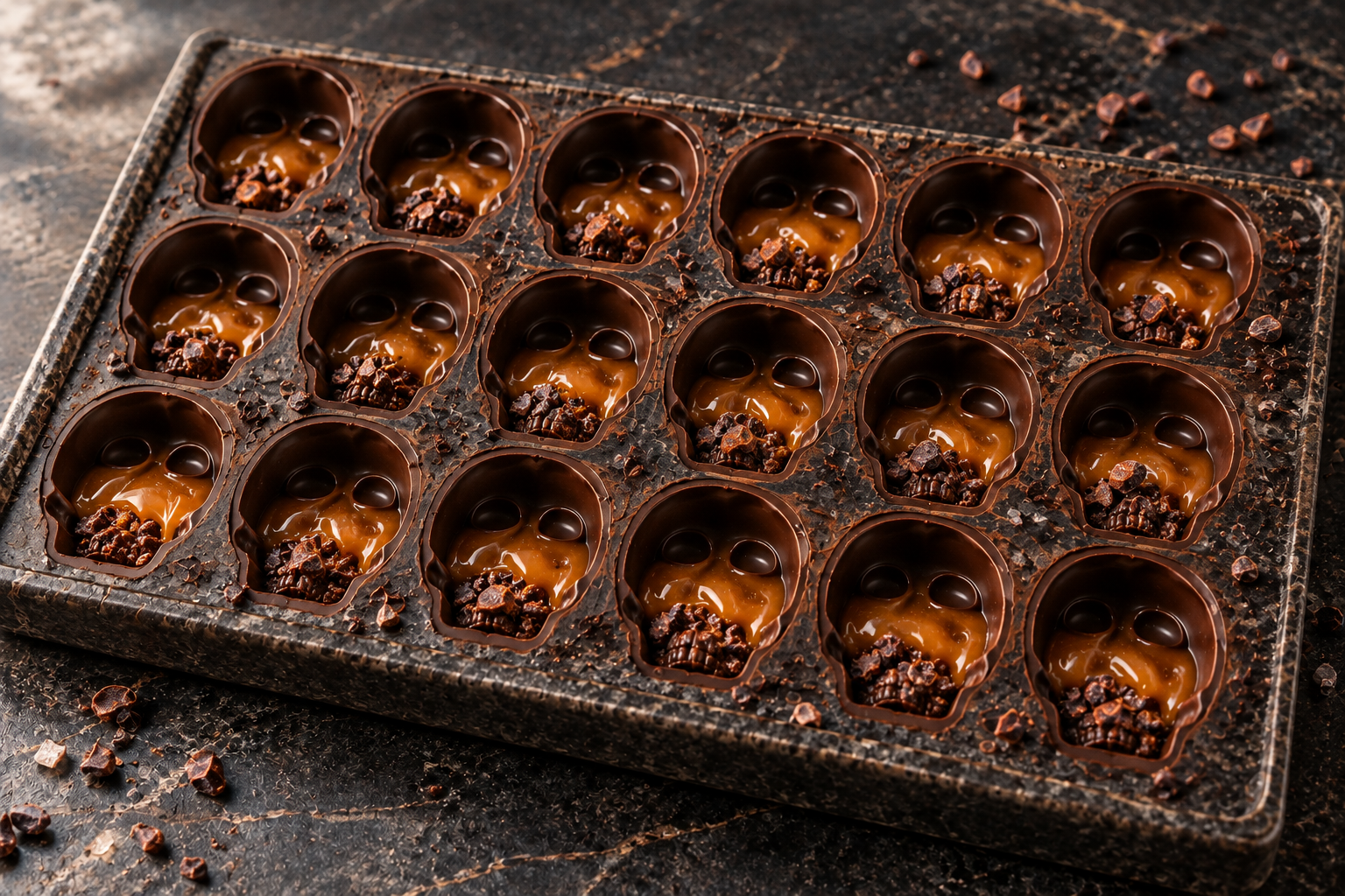 Halloween salted caramel chocolate skulls before sealing