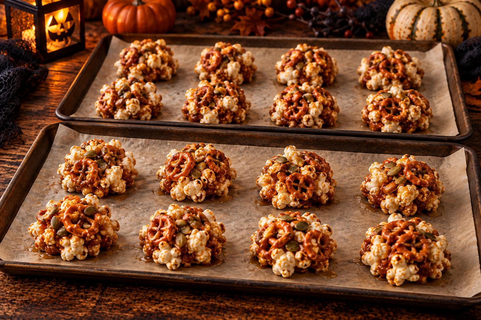 Halloween salted caramel popcorn clusters cooling before decoration