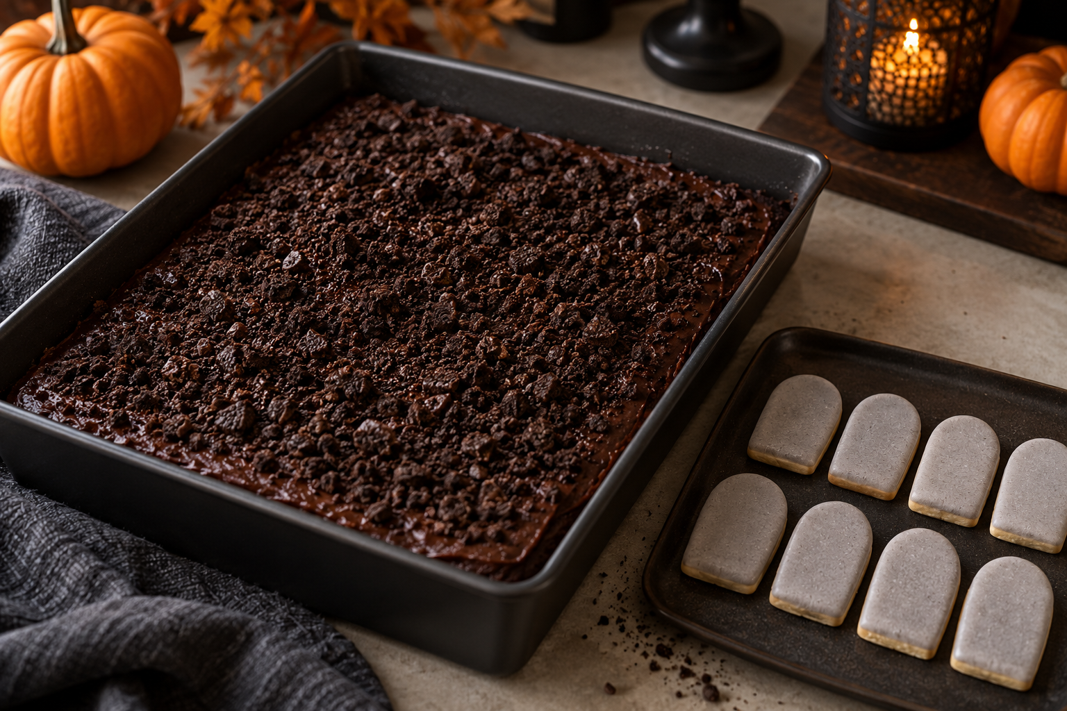 Cookie dirt topping and gray shortbread tombstones ready for assembly