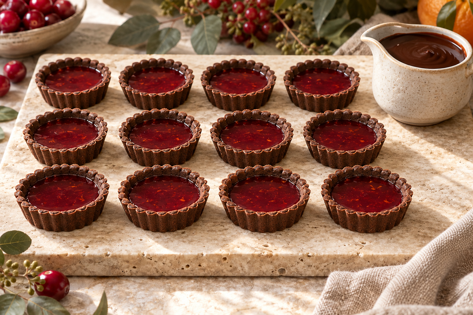 Thanksgiving cranberry chocolate tartlets before ganache