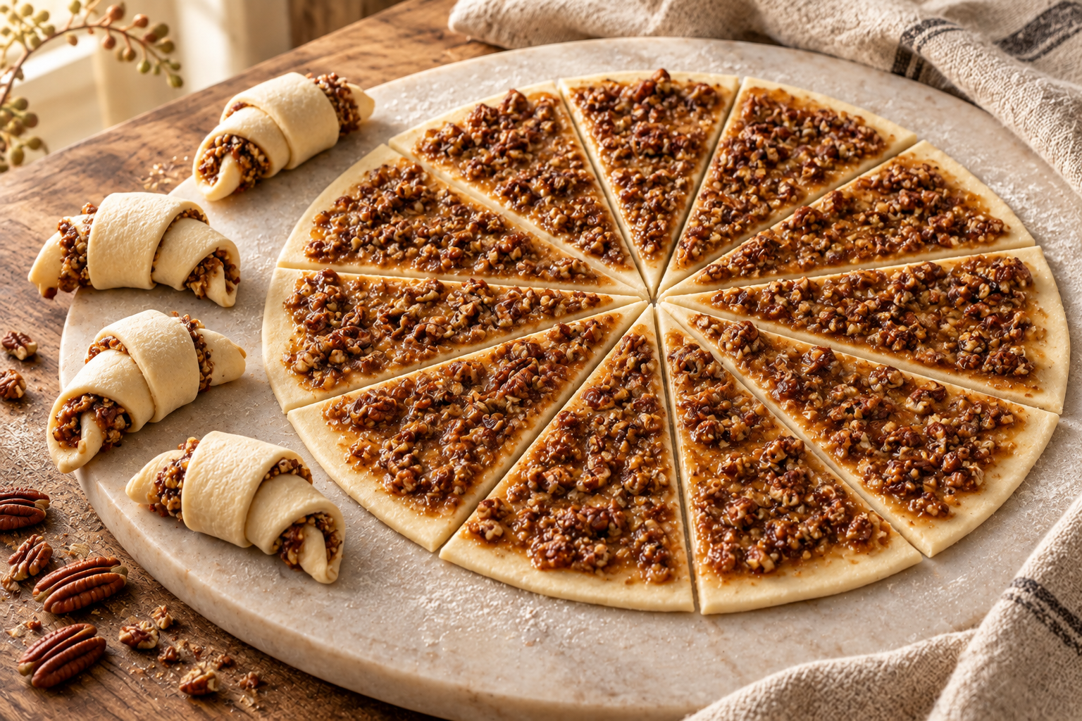 Thanksgiving pecan pie rugelach shaping process