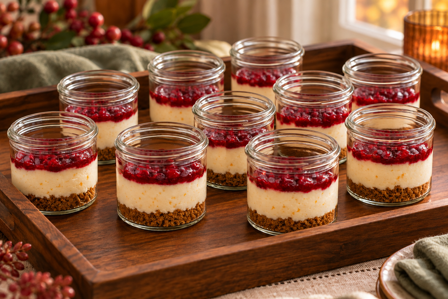 No-bake cranberry orange cheesecake jars during assembly