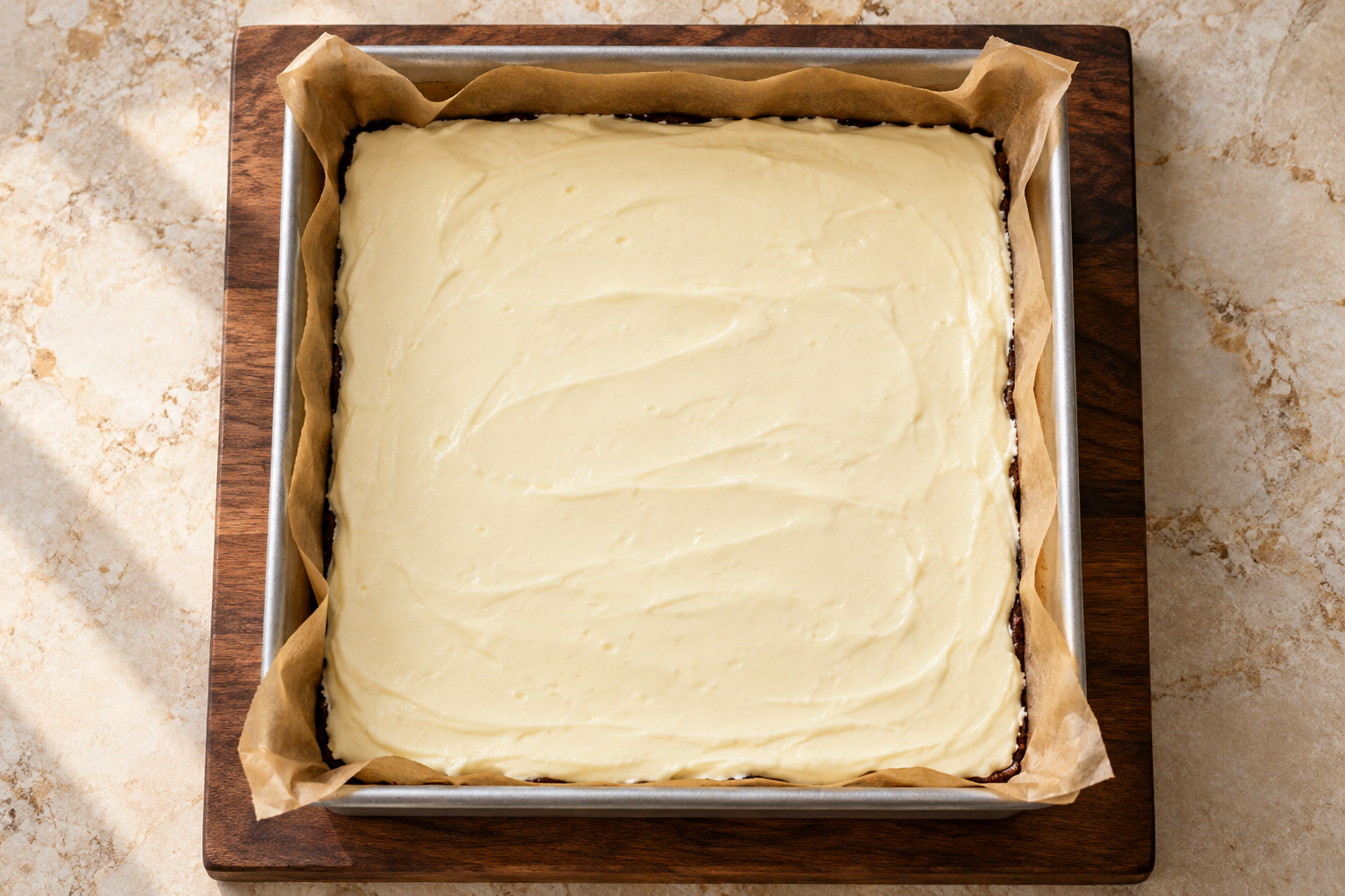 Basque cheesecake brownies before the final bake
