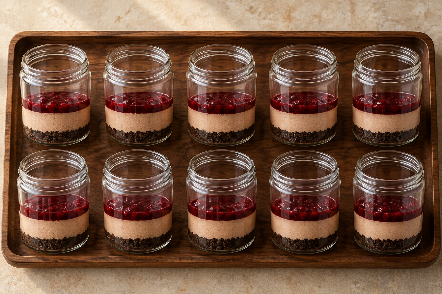 No-bake chestnut cheesecake jars during assembly