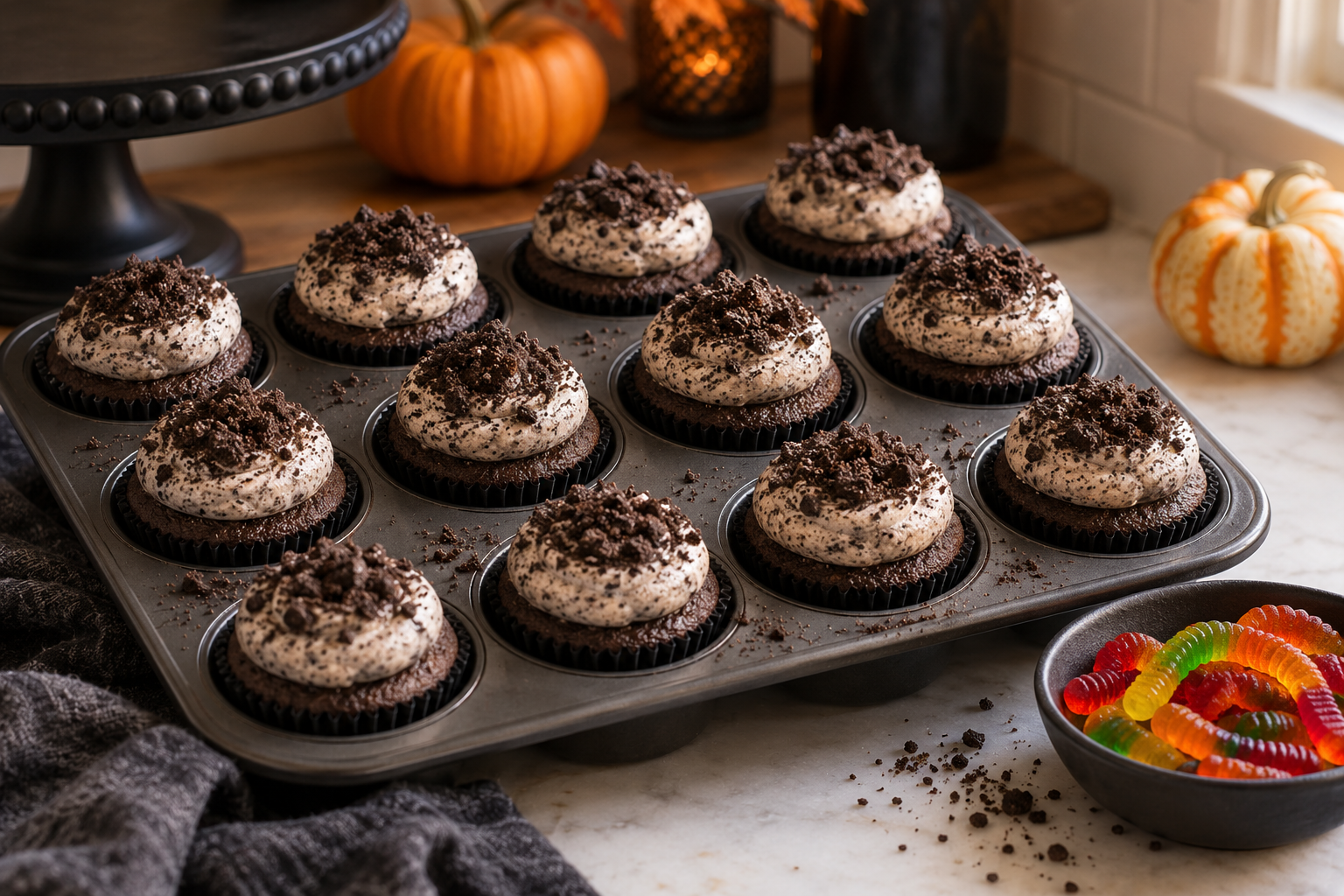Cookies-and-cream frosted cupcakes before adding gummy worms