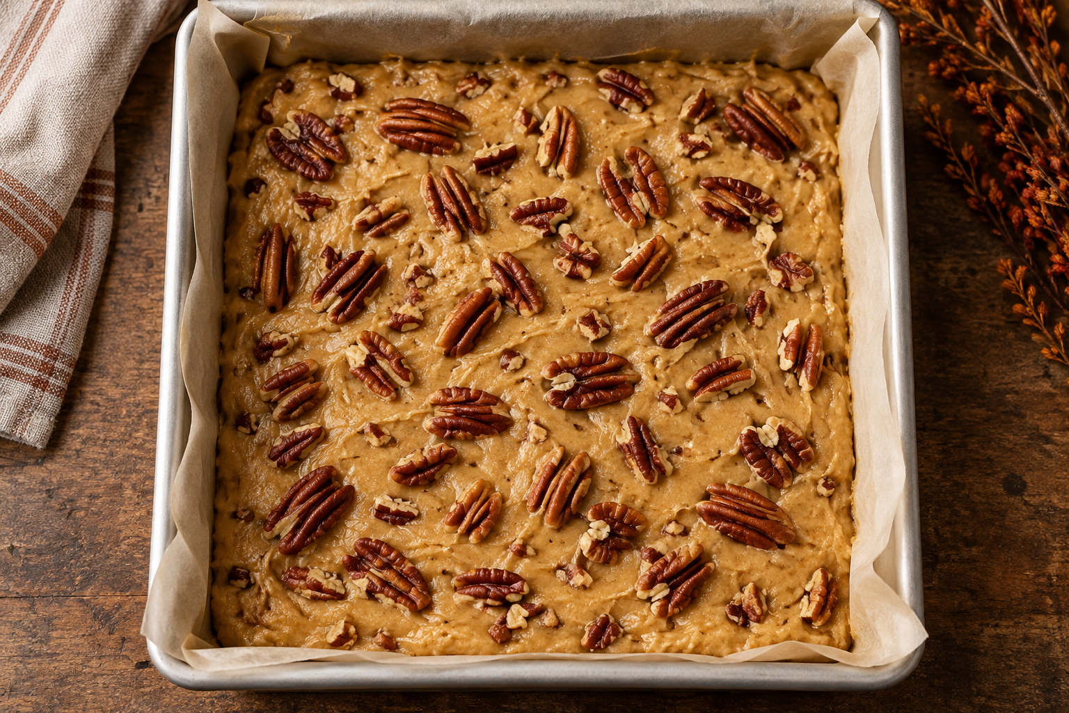 Butter pecan blondies before baking in a square pan
