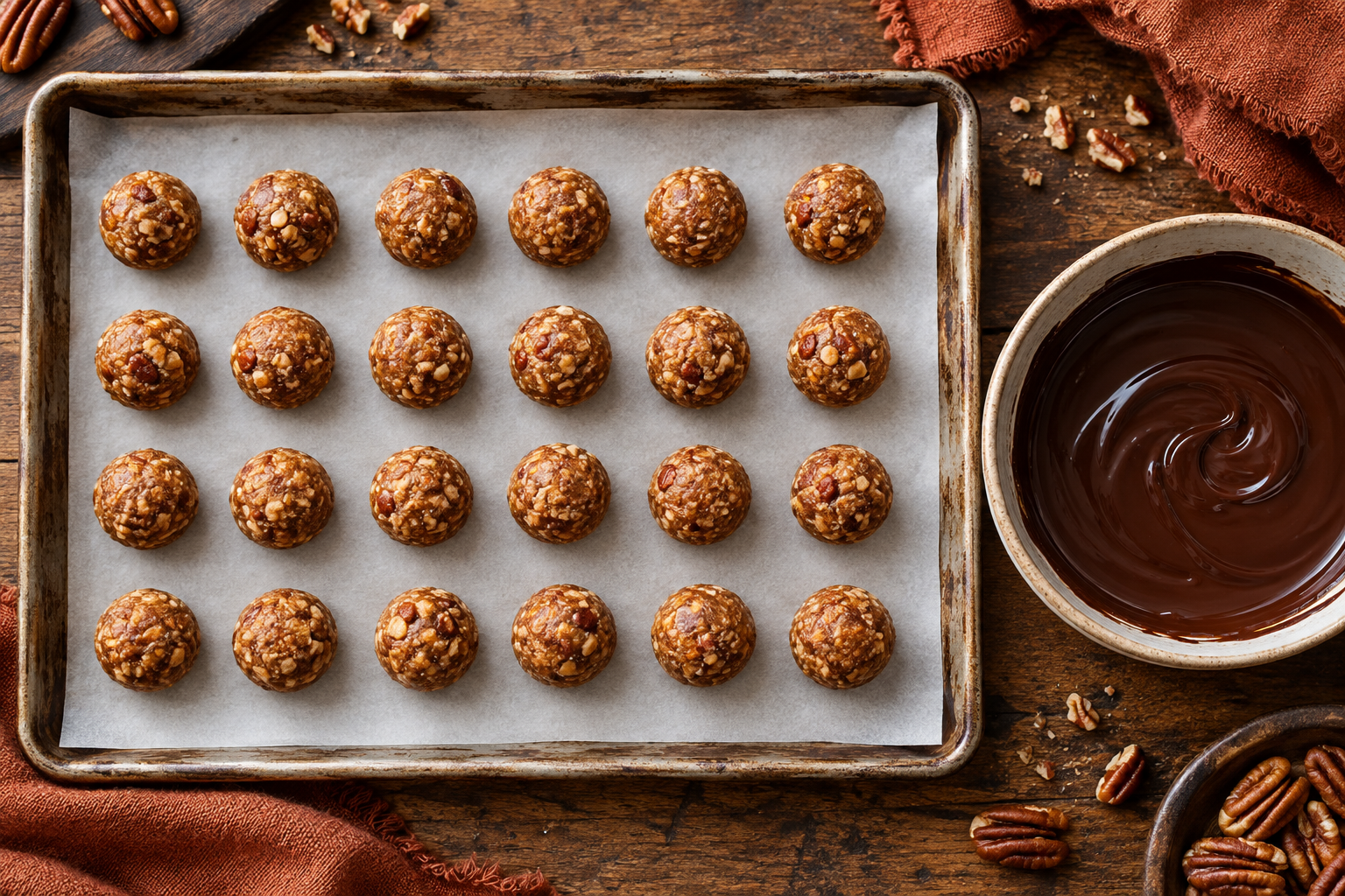 Chocolate pecan pie truffle centers ready for dipping