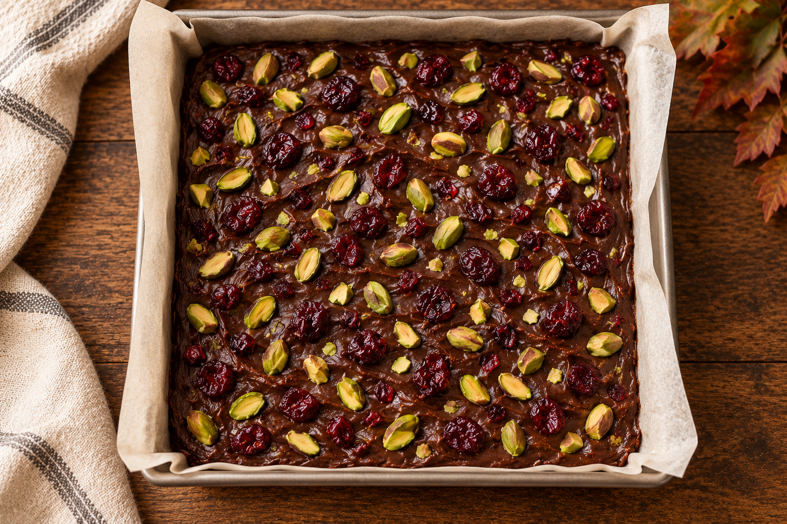 Dark chocolate cranberry pistachio fudge before chilling