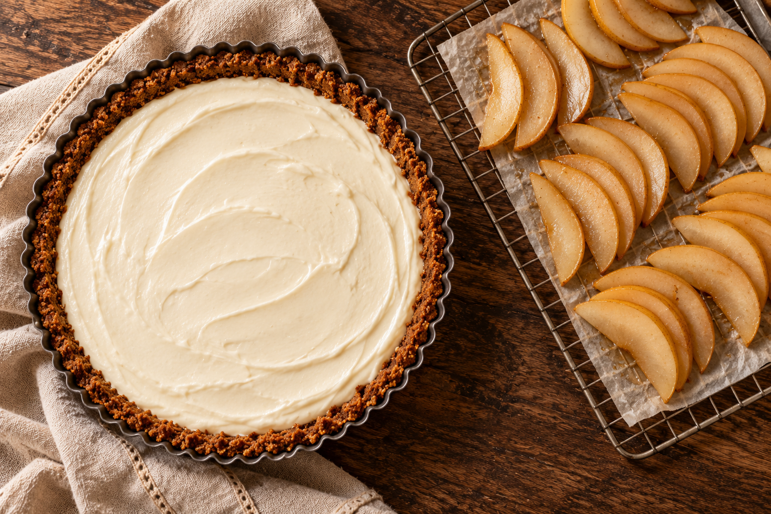 Cheesecake tart filling and drained ginger pears