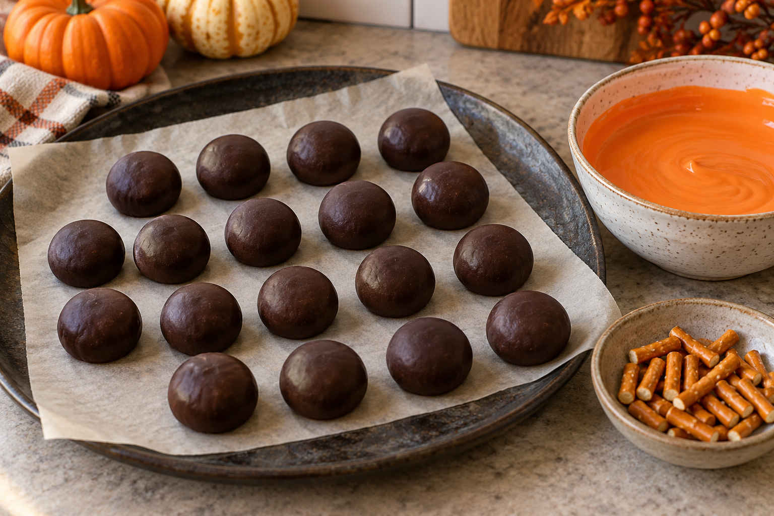 Rolled chocolate truffle centers beside orange coating