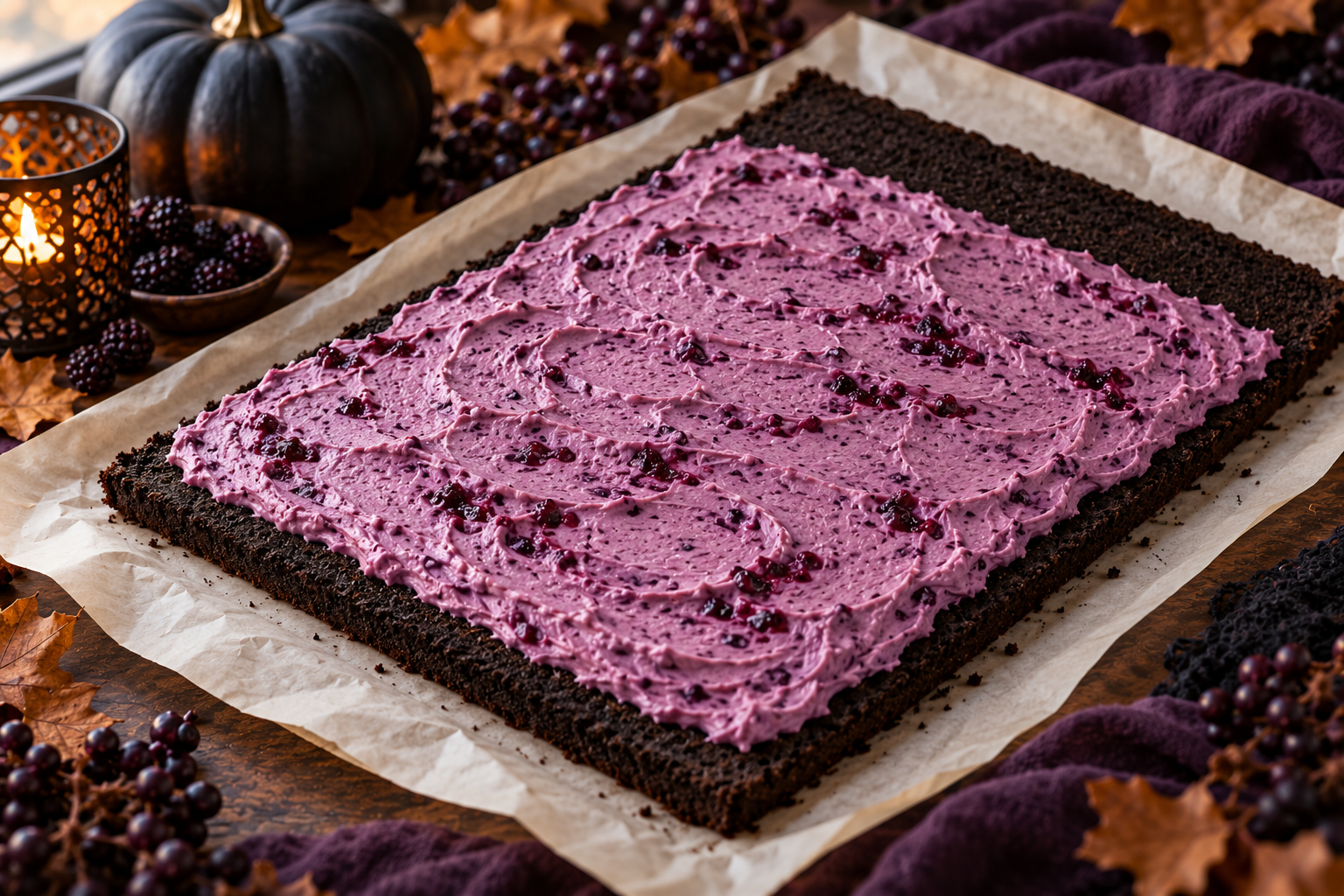 Purple cream spread over black cocoa Swiss roll