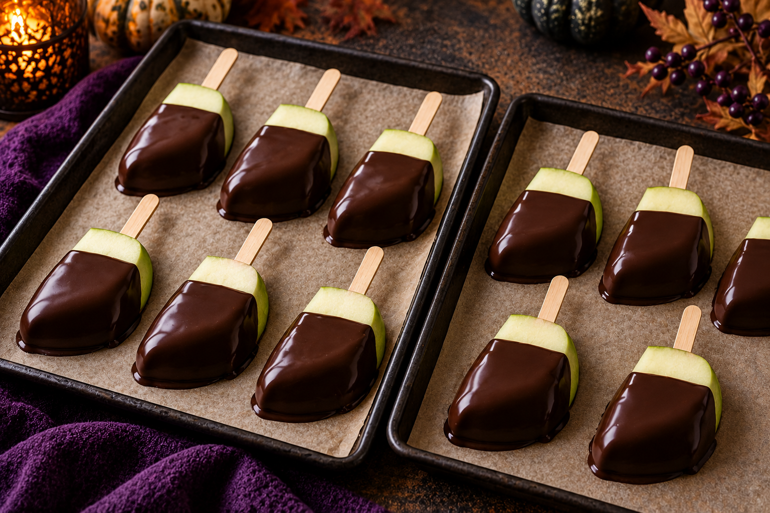 Chocolate-coated apple slices before caramel drizzle
