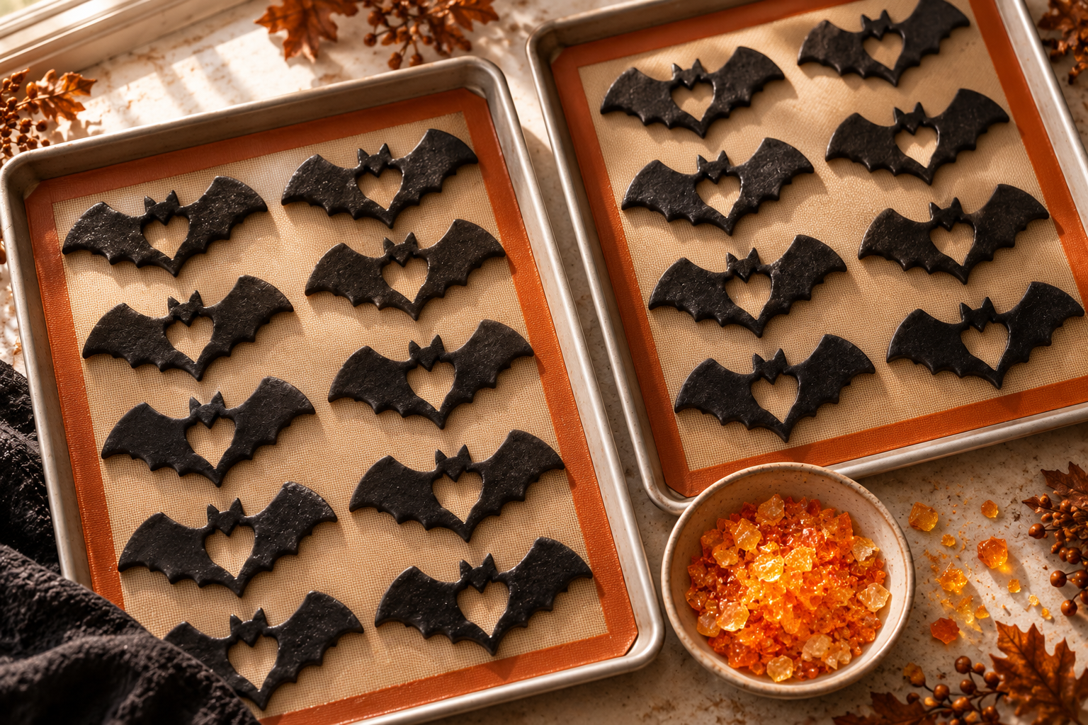Bat cookie cutouts before adding stained glass centers