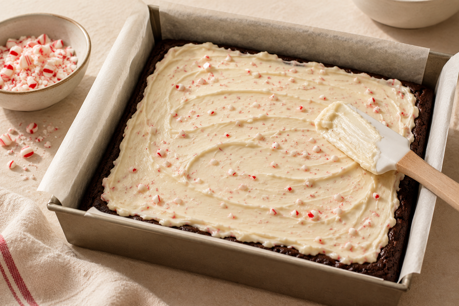 Cooled peppermint bark brownie slab receiving a thin white chocolate layer before slicing.