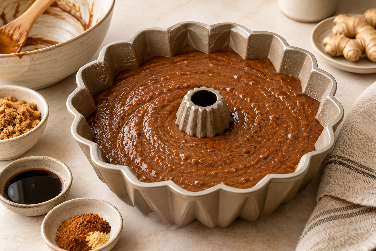 Gingerbread Bundt cake batter leveled in a greased 10-cup pan before baking.