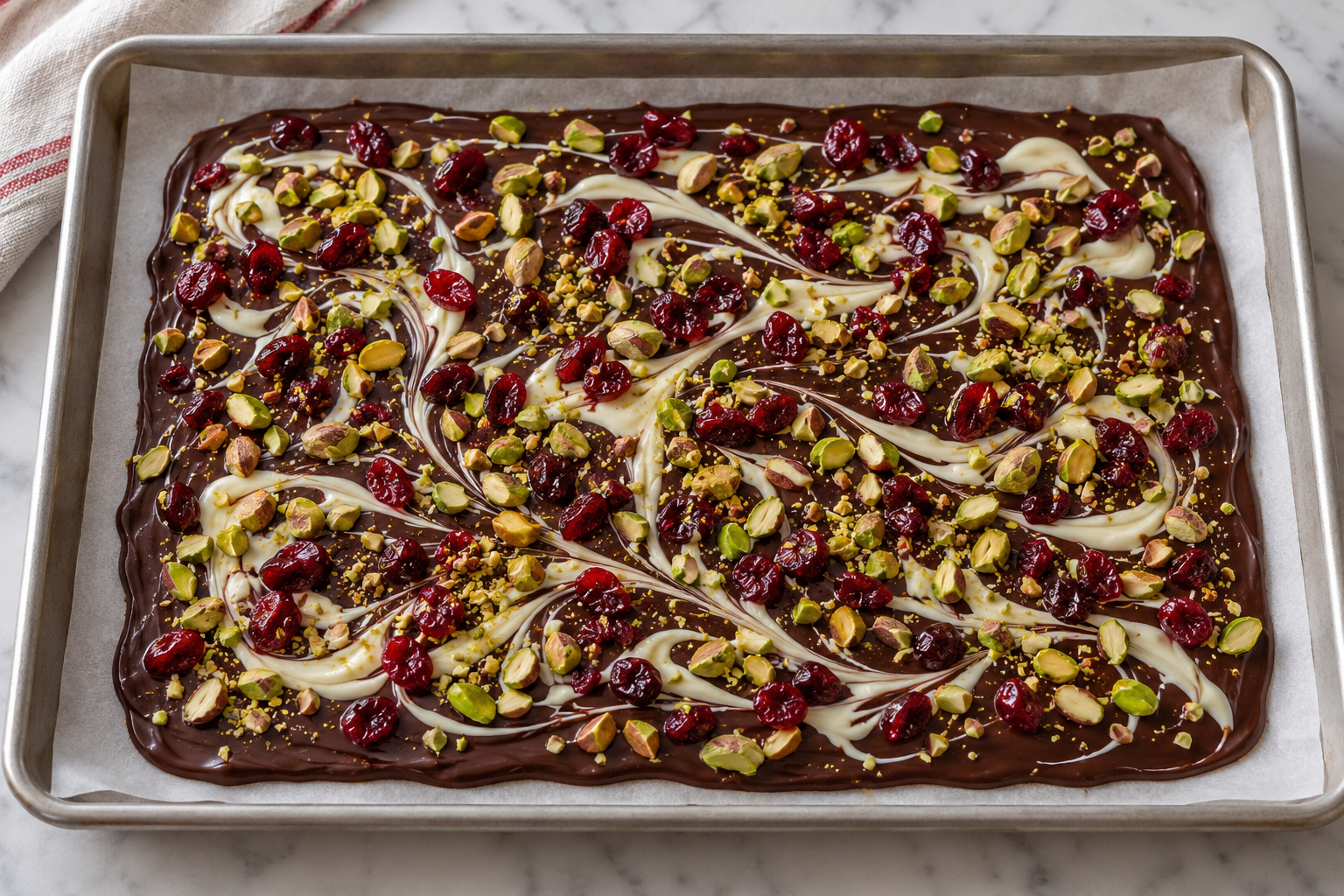 Cranberry pistachio chocolate bark spread and topped on a parchment-lined sheet pan before setting.