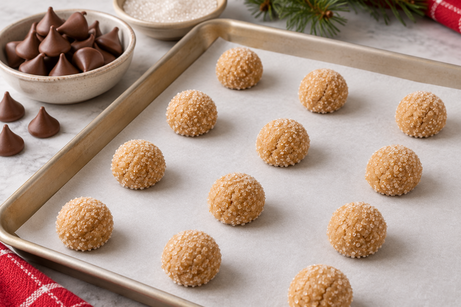 Sugar-coated peanut butter blossom cookie dough balls arranged on a sheet pan before baking.