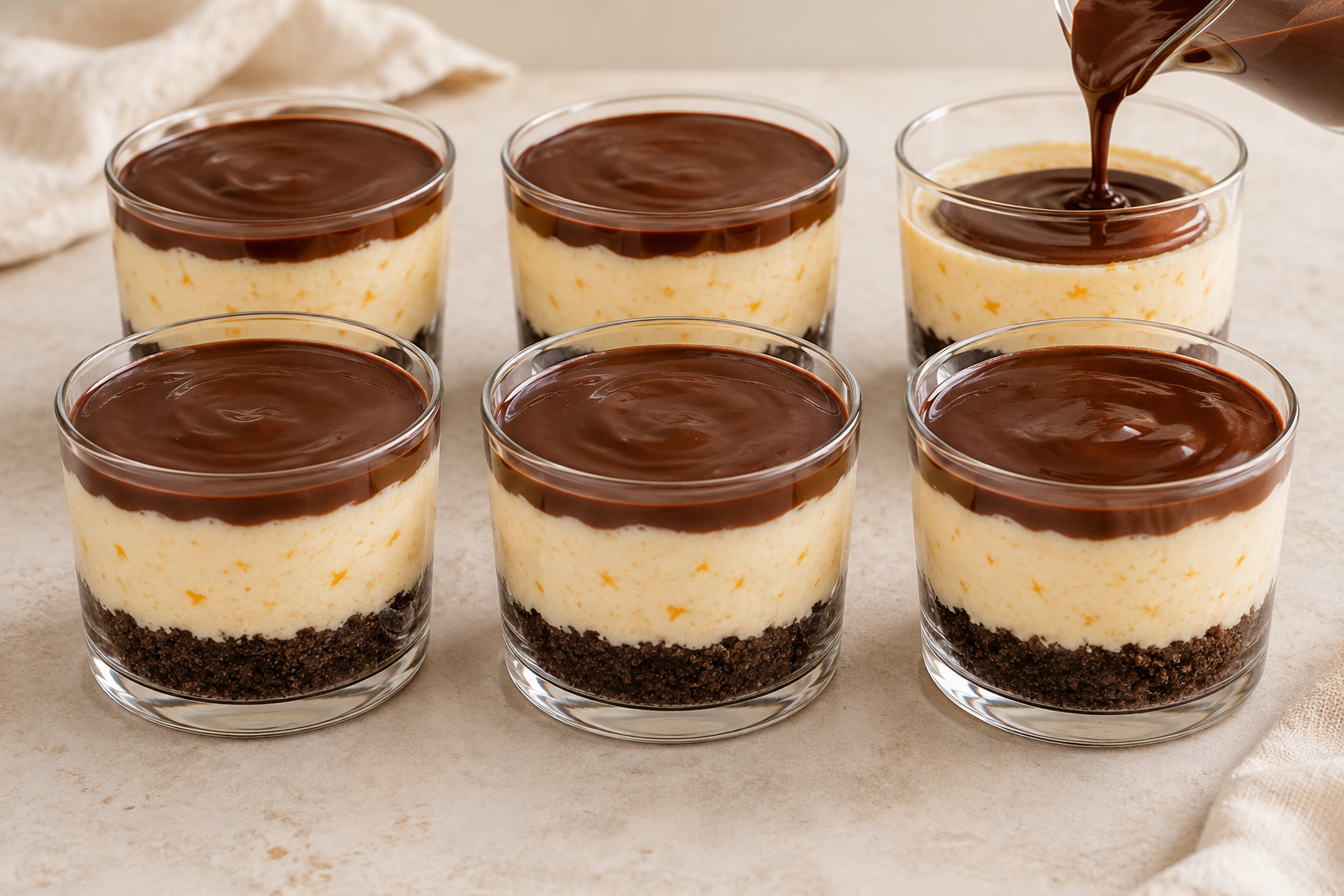 Six no bake chocolate orange cheesecake cups receiving a thin dark ganache layer.