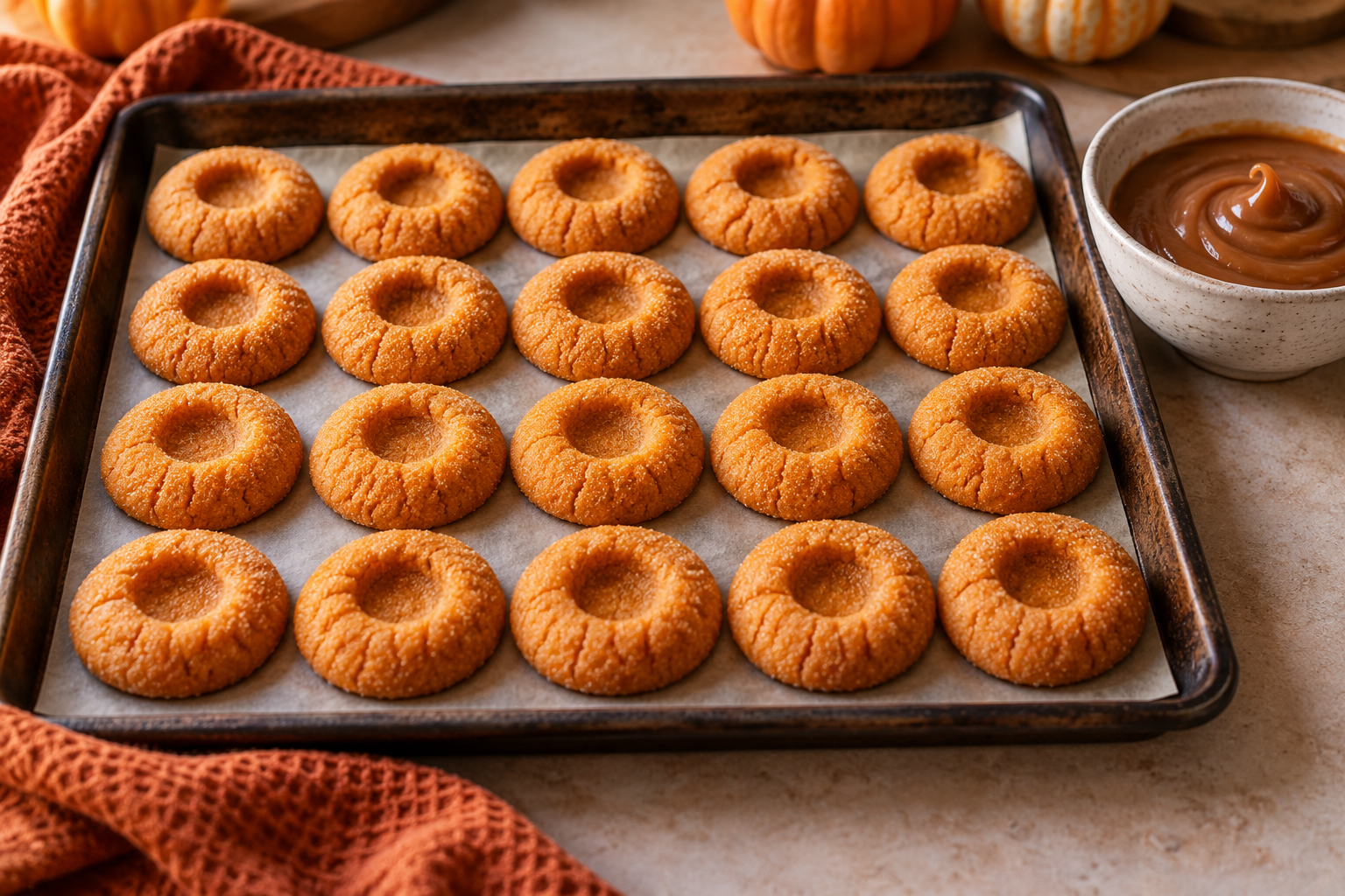 Baked orange thumbprint cookies ready for caramel filling