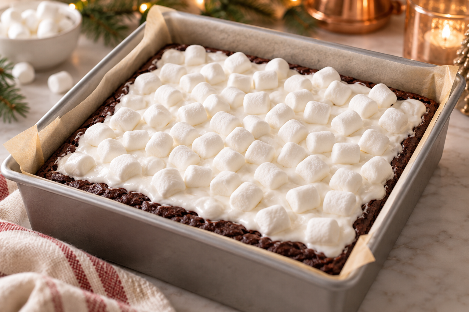 Hot cocoa brownie slab topped with marshmallow creme and mini marshmallows before toasting.