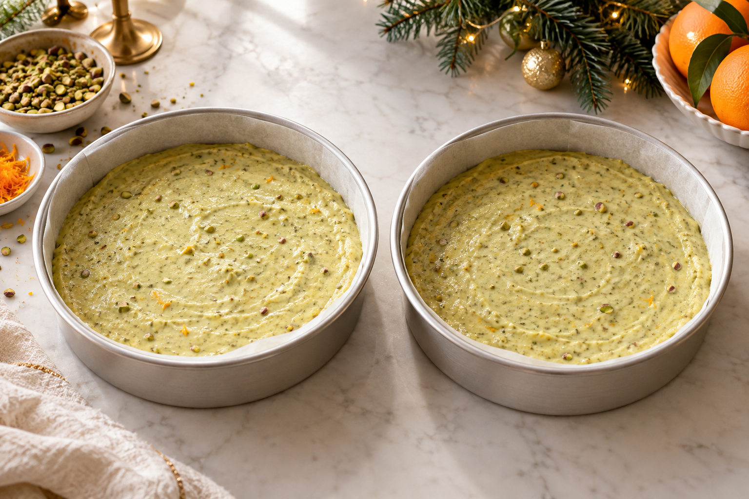 Pistachio cardamom cake batter divided between two round pans before baking.