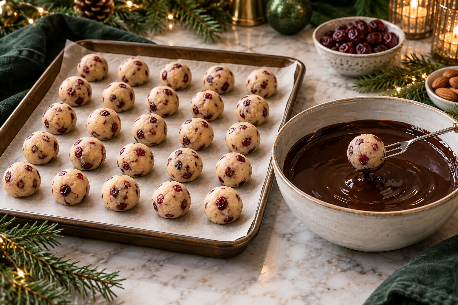Marzipan cherry centers being dipped in melted dark chocolate.