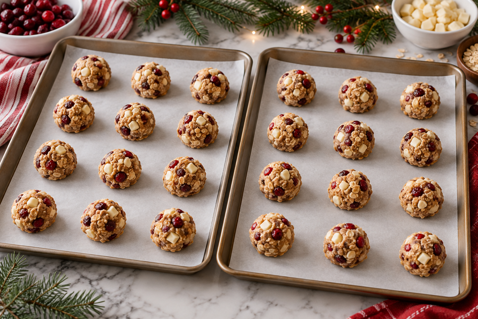 Portioned white chocolate cranberry oatmeal cookie dough on a sheet pan.