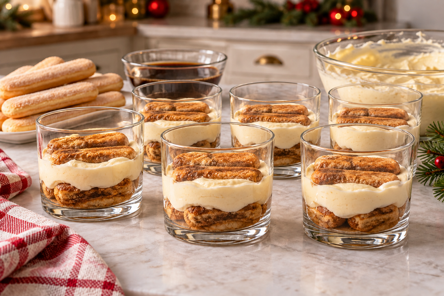 Six no bake eggnog tiramisu cups being assembled in clear glasses.