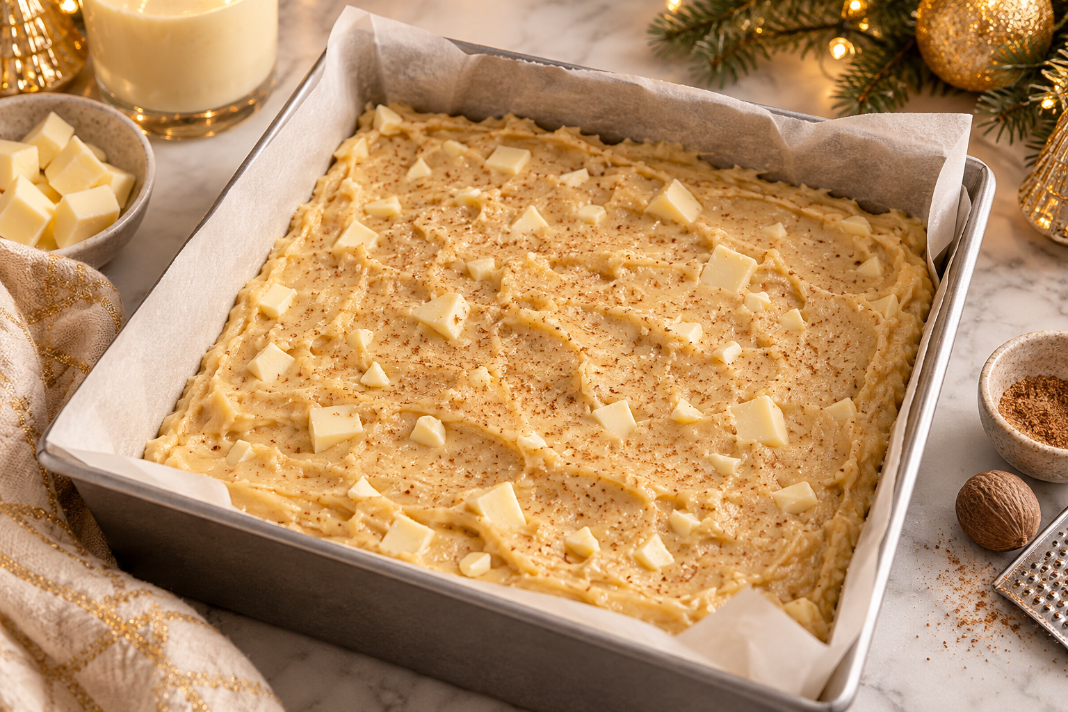 Eggnog blondie batter spread in a lined square pan before baking.