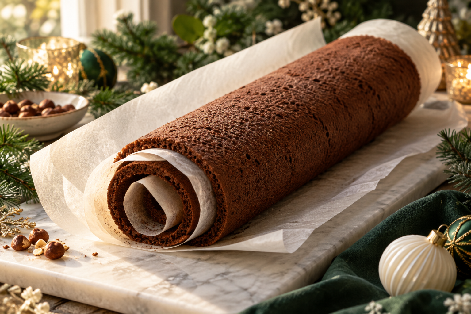 Warm cocoa sponge rolled in parchment to establish the yule log shape.