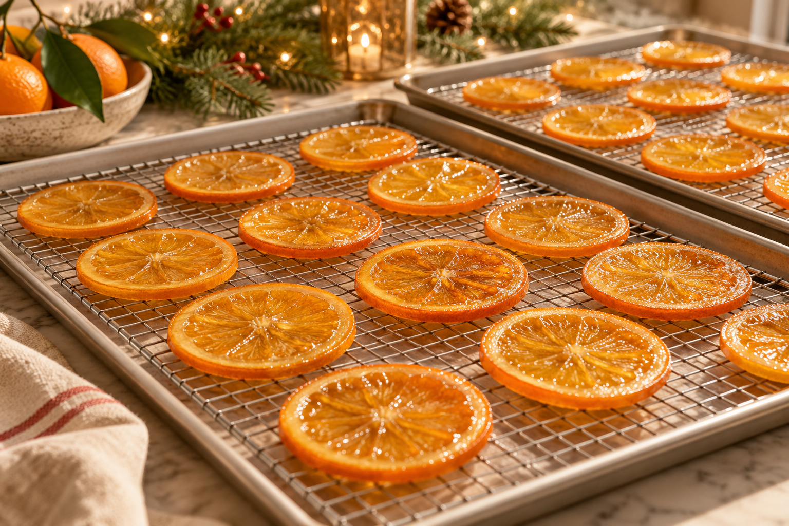 Translucent candied orange slices drying on wire racks before chocolate dipping.