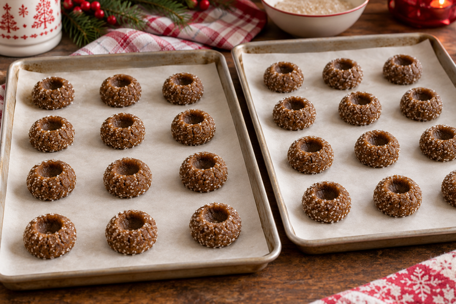 Sugar-coated gingerbread thumbprint cookie dough with wells before baking.