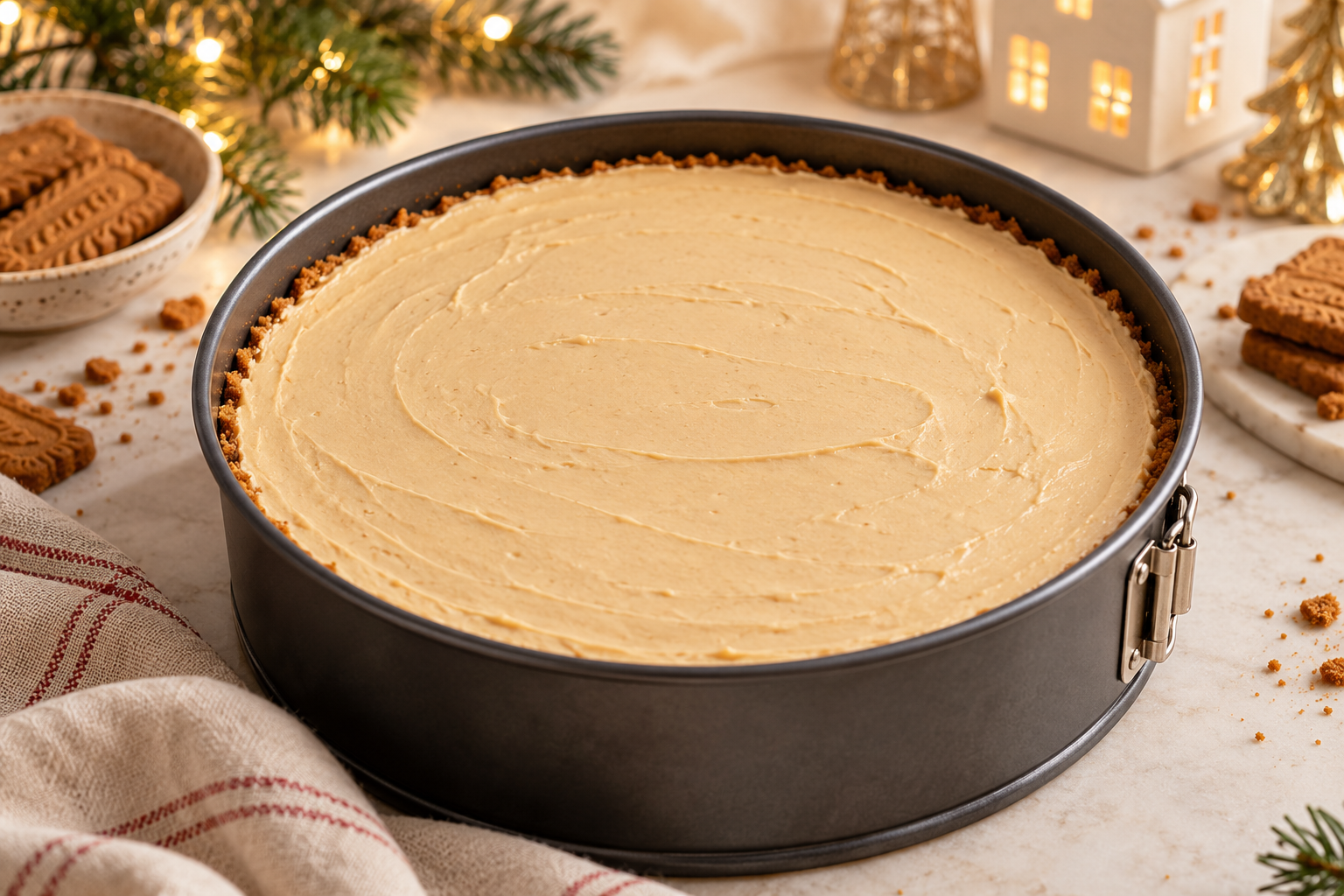 Biscoff cheesecake filling leveled over the cookie crust before chilling.