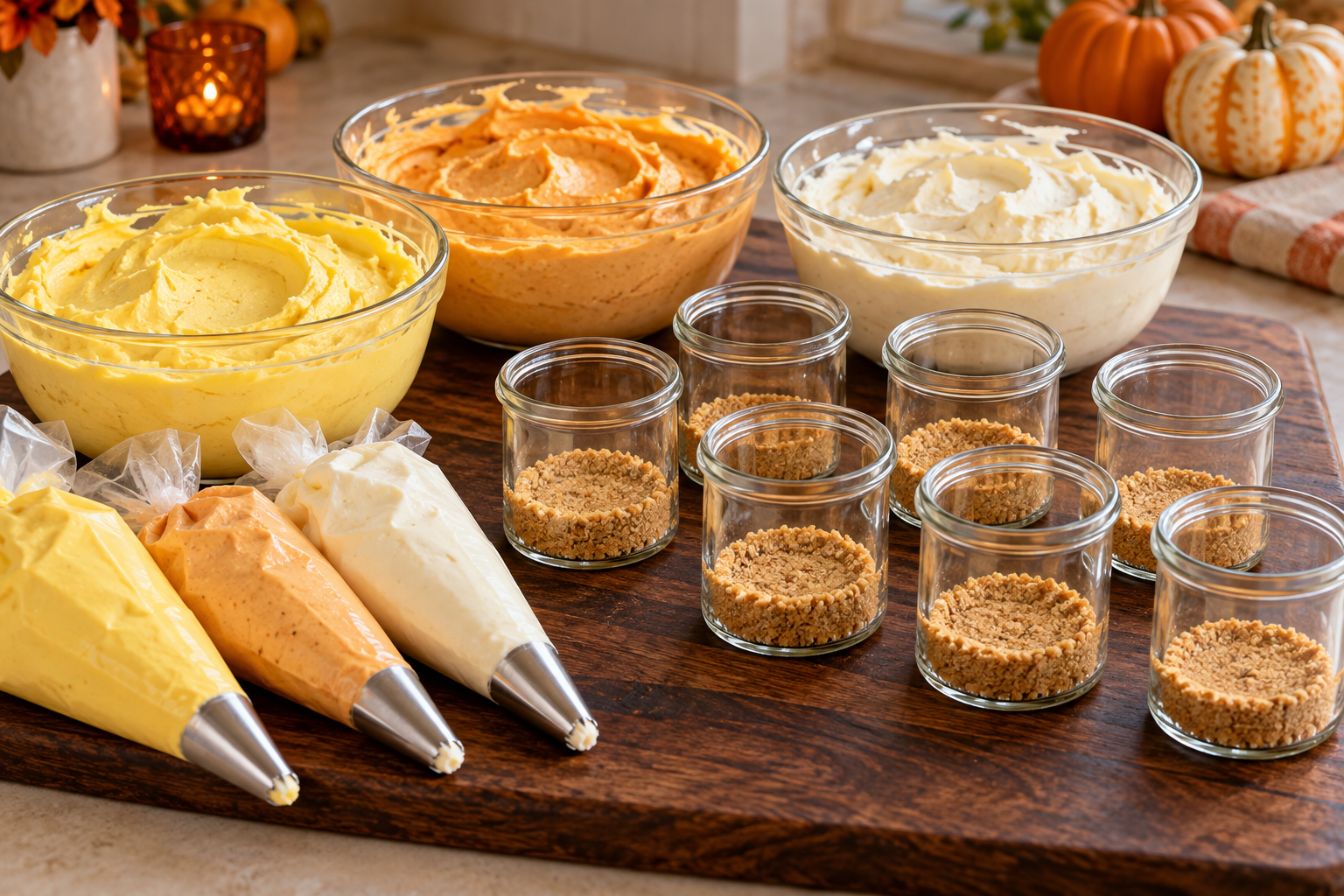 Yellow orange and white cheesecake fillings ready to layer