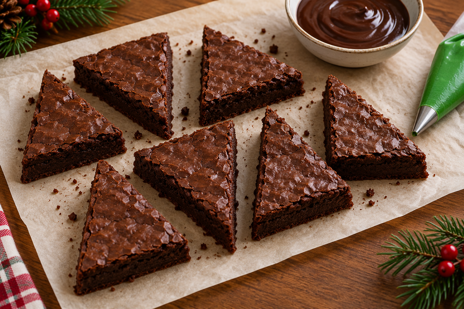 Cooled fudgy brownie slab cut into triangular Christmas tree shapes.