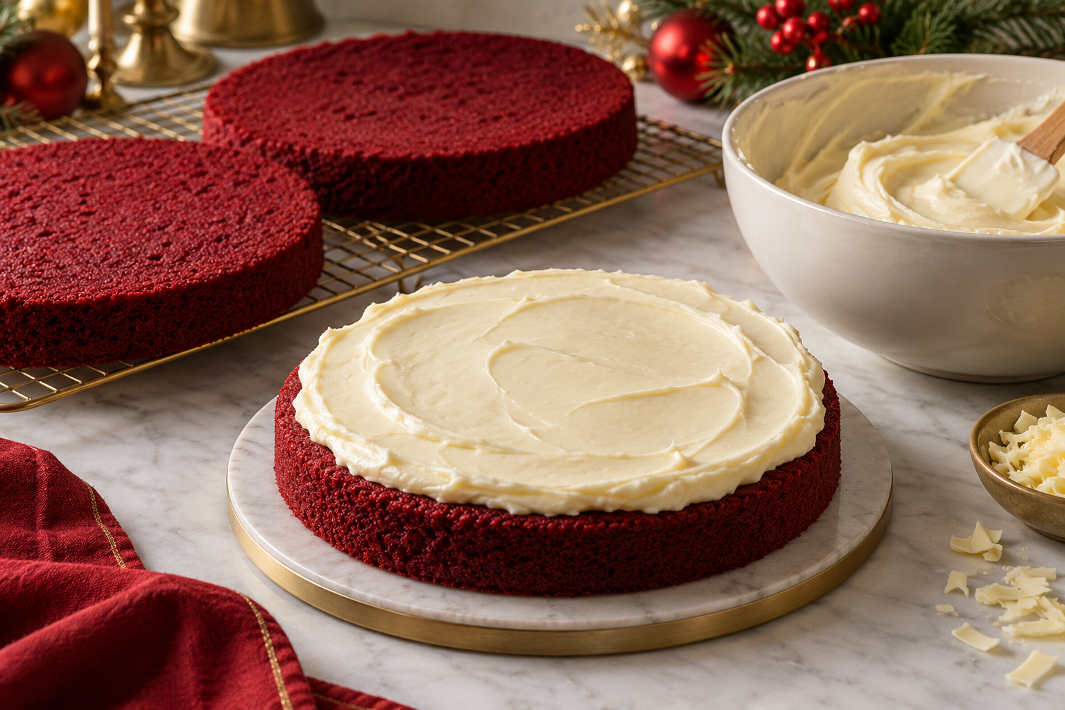 Red velvet Christmas cake layers assembled with white chocolate frosting.