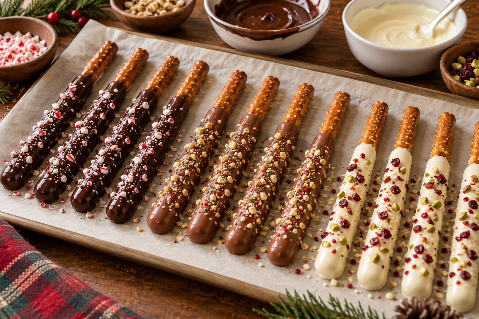 Freshly dipped Christmas pretzel rods decorated on parchment.
