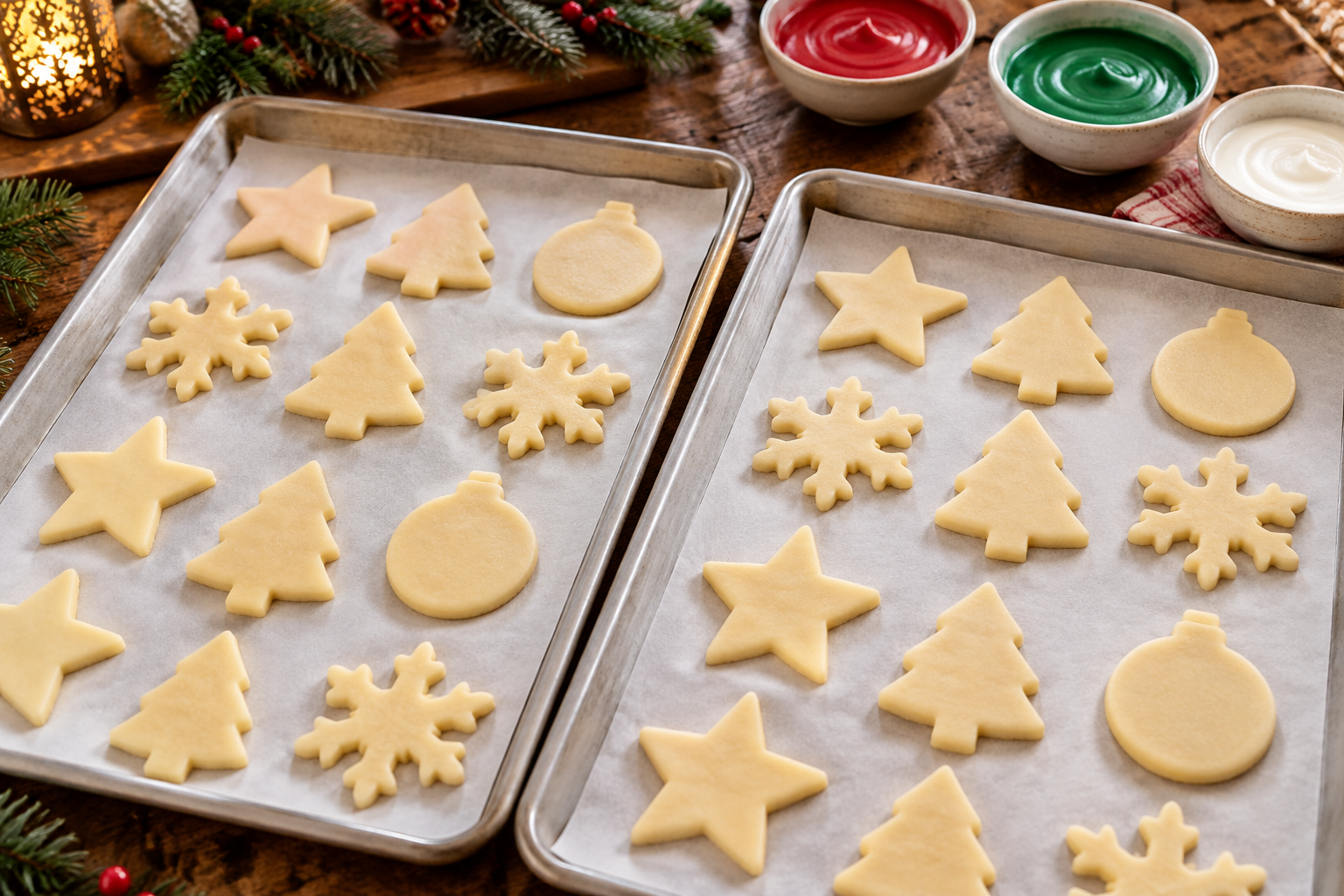 Chilled Christmas sugar cookie shapes arranged on sheet pans before baking.