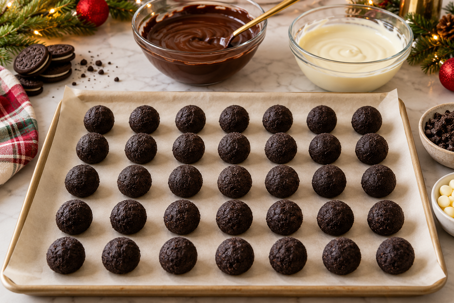 Chilled Oreo ball centers arranged on parchment before chocolate coating.