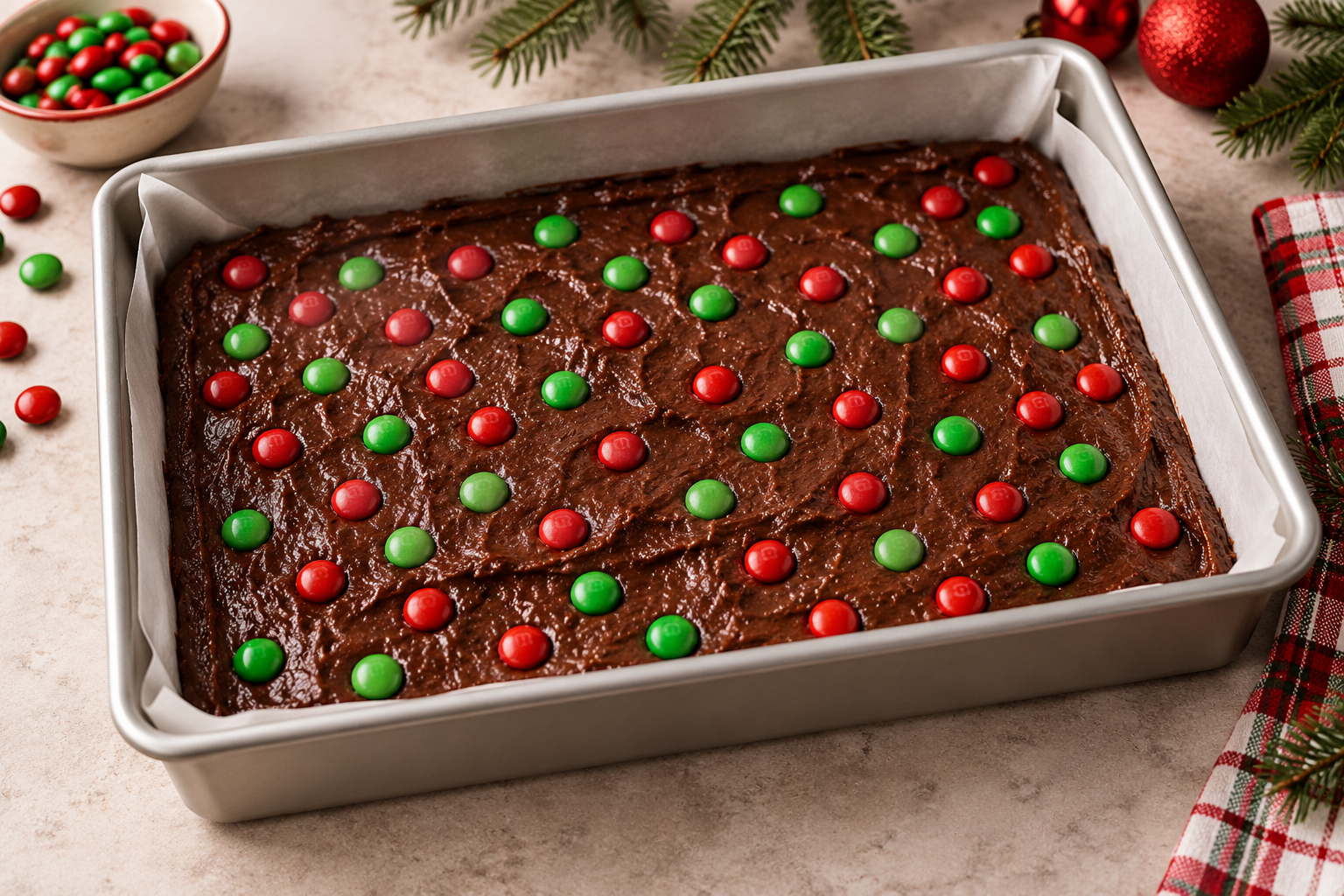Christmas M&M brownie batter spread in a parchment-lined pan before baking.