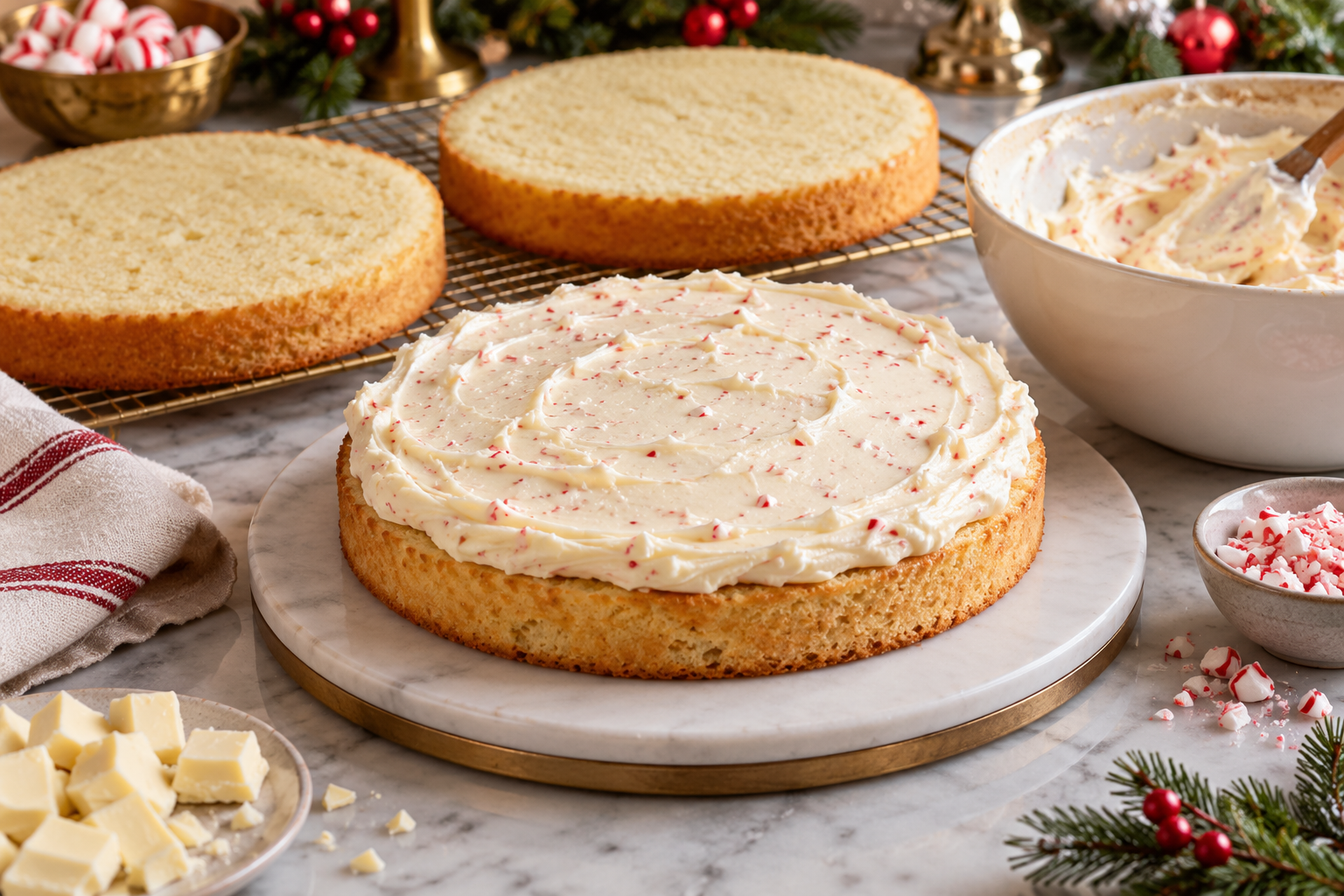 White chocolate peppermint cake layers assembled with cream cheese frosting.
