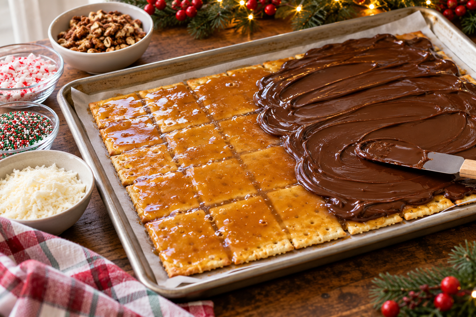 Melted chocolate spread over the hot toffee layer of Christmas crack.