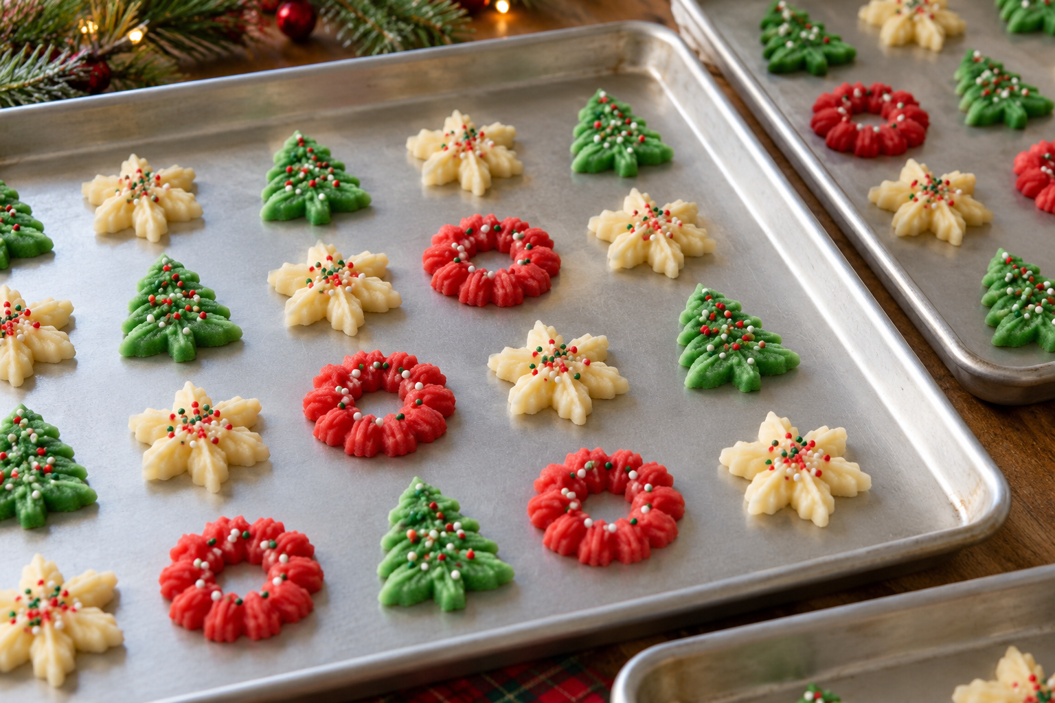 Pressed Christmas spritz cookie shapes on cool bare sheet pans before baking.