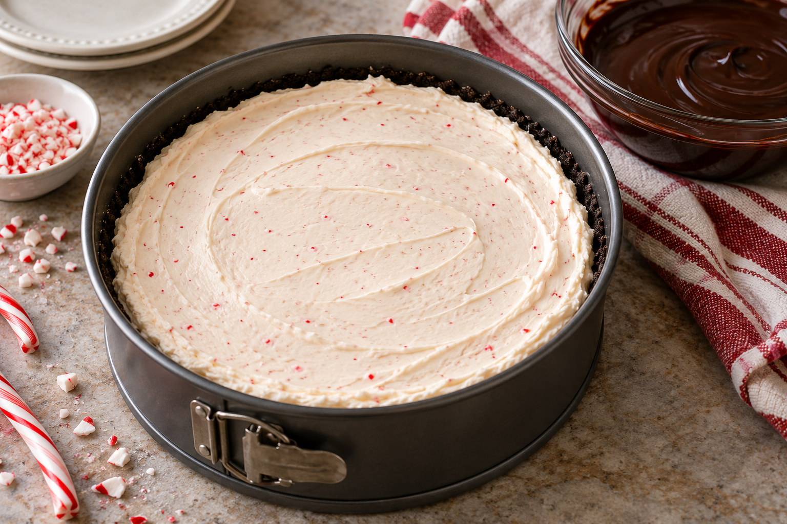 Peppermint cheesecake filling spread over the no-bake chocolate crust.