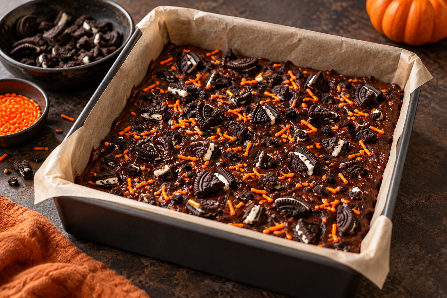 Halloween Oreo brownie batter topped with cookie chunks and orange sprinkles before baking