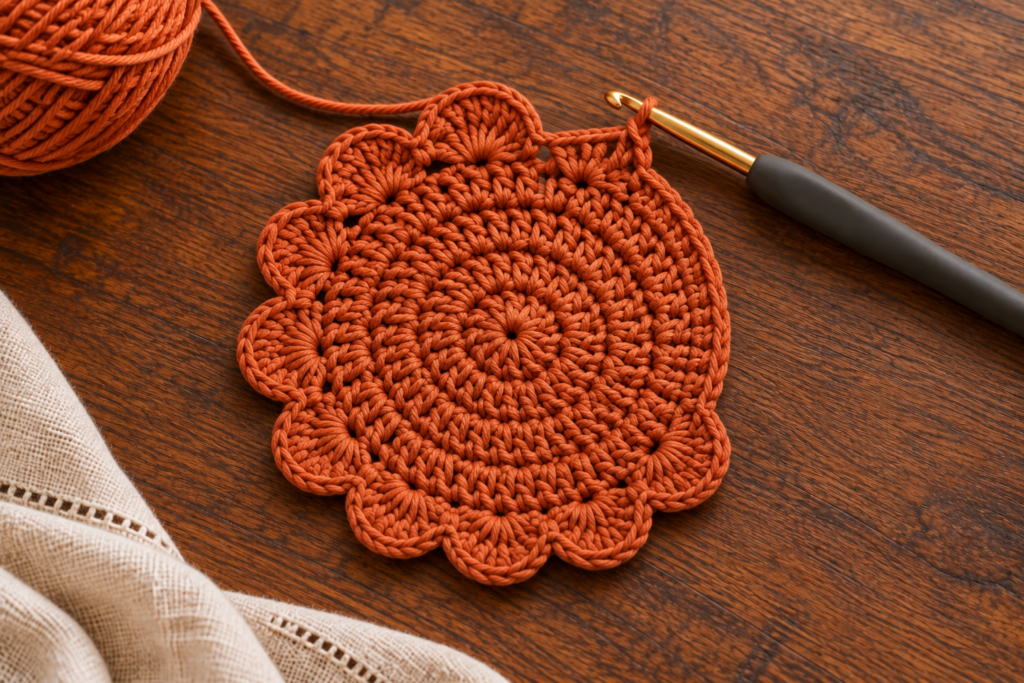 Scalloped border demonstration for autumn crochet coasters with five double crochets in each shell.
